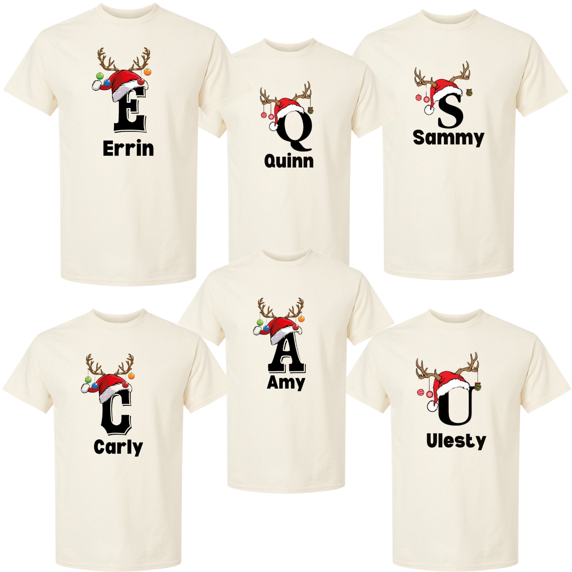 Monogrammed Santa Hat Reindeer Alphabet Family Shirt, Custom Matching Christmas Family Hoodie, Letter Christmas Name Sweatshirt