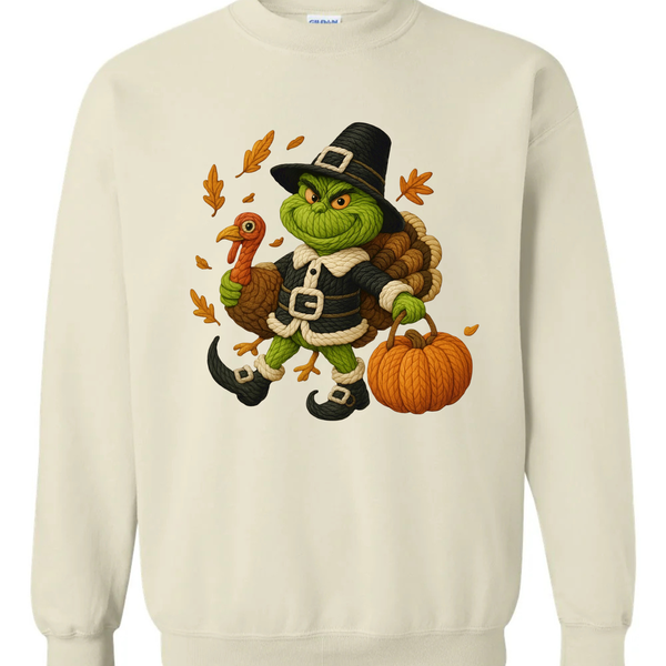  Funny Thanksgiving Sweatshirt, Green Grinch Pilgrim Turkey Shirt, Cute Fall Pumpkin Pullover, Fall Green Character sweatshirt